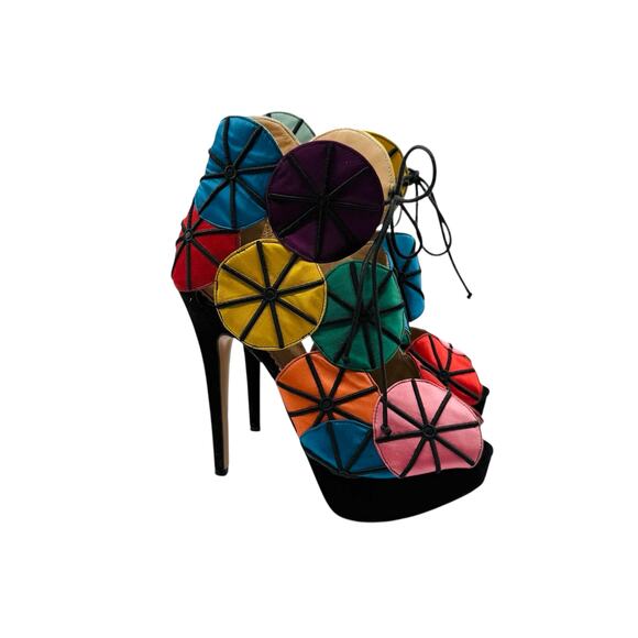 Charlotte Olympia Multicolor Satin and Suede Parasol Platform Sandals Size 37.5